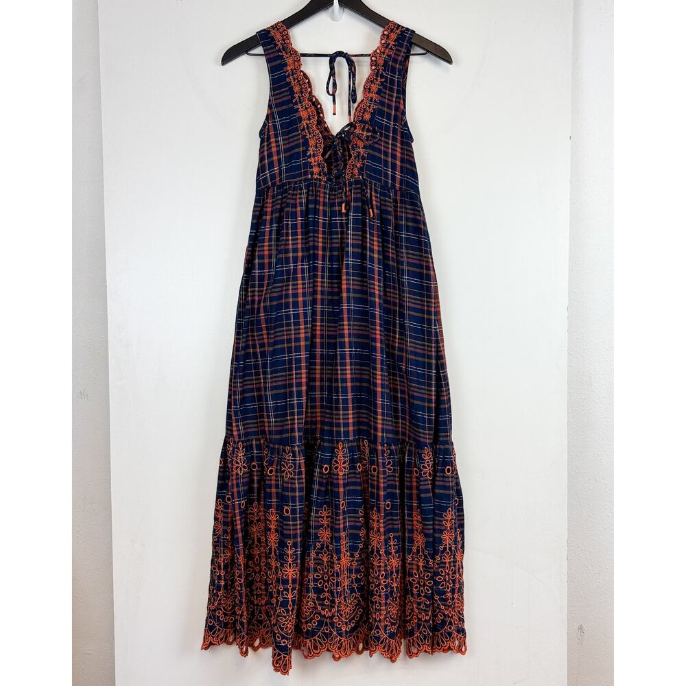 Anthropologie Midi Eyelet Plaid Plaid Navy Blue Orange Dress - 2XS XXS - Picture 5 of 10